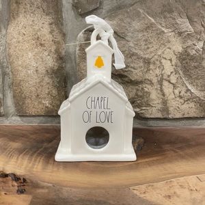 Rae Dunn White "Chapel of Love" Ceramic Ornament with Yellow Bell Accent